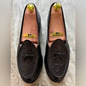 Belgian Shoes Travelette Slippers Black Ostrich Print Leather Loafers 5 Flats